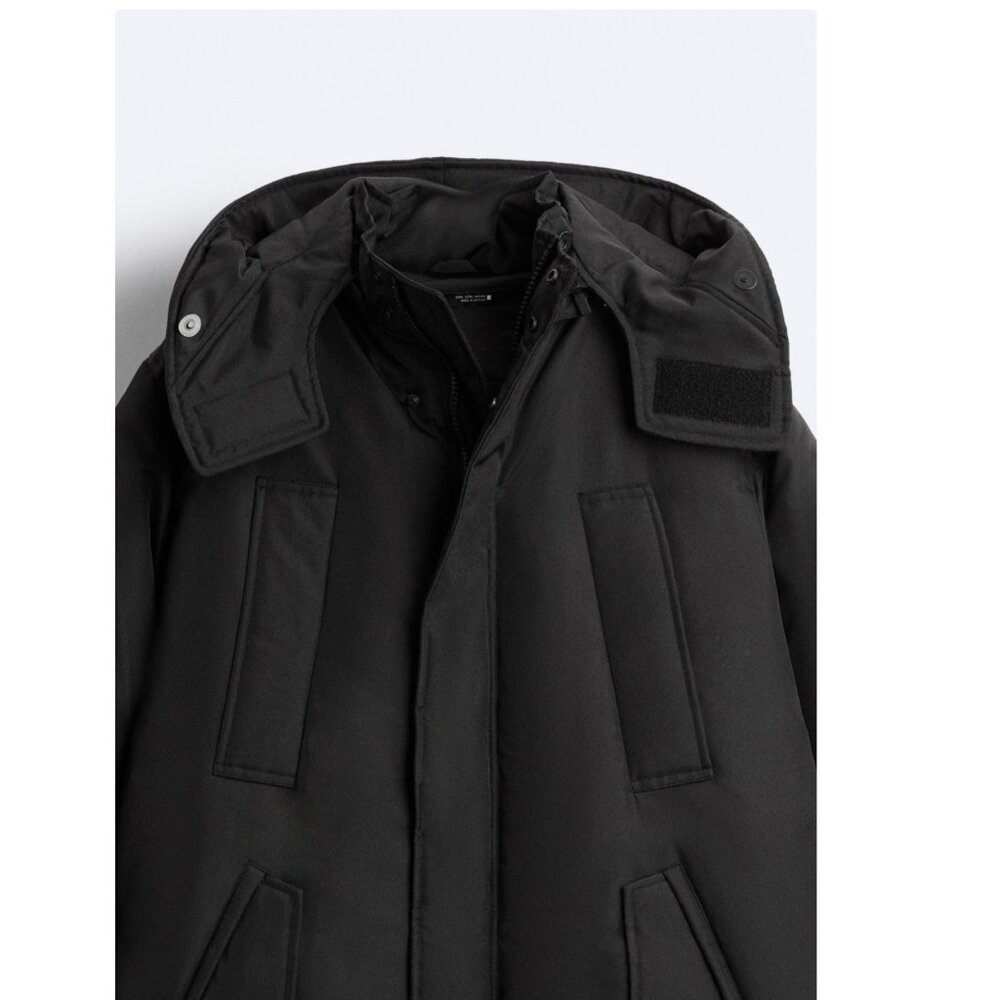 MEN Zara Charcoal Grey Black Quilted Parka With Detachable Hood Coat Size L NWT - Picture 11 of 13